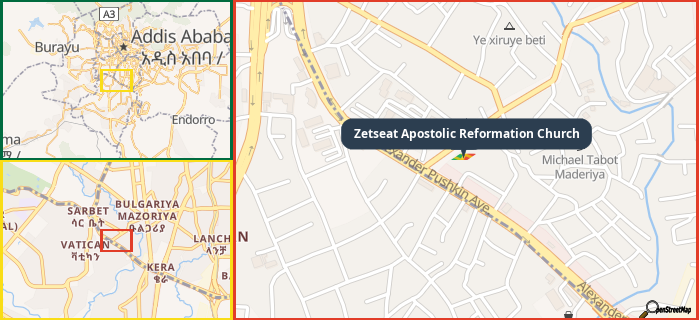 Map showing the address of Zetseat Apostolic Reformation Church in three different zoom levels.