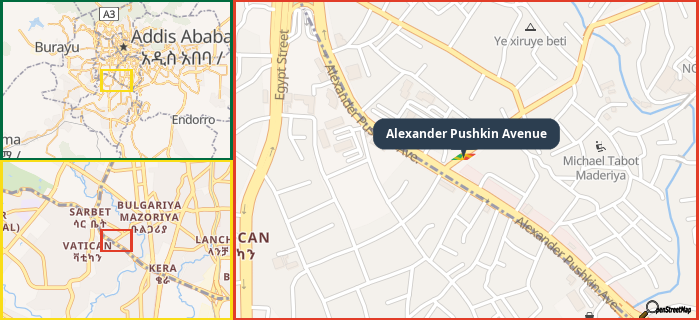 Map showing the address of Alexander Pushkin Avenue in three different zoom levels.