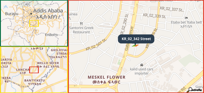 Map showing the address of KR_02_342 Street in three different zoom levels.