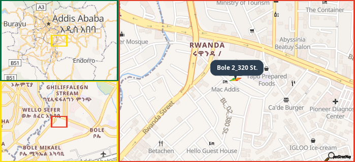 Map showing the address of Bole 2_320 St. in three different zoom levels.