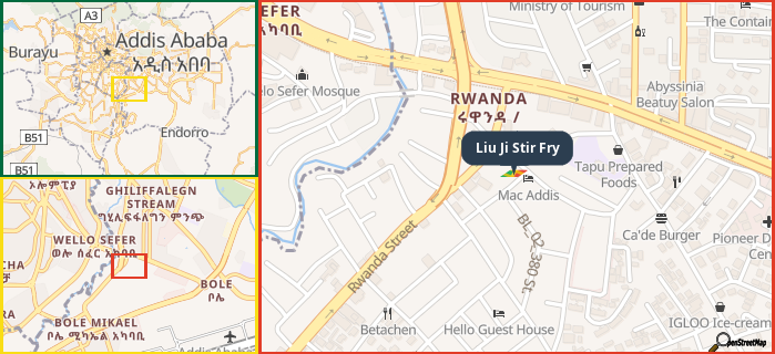 Map showing the address of Liu Ji Stir Fry in three different zoom levels.