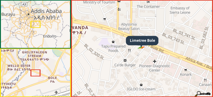 Map showing the address of Limetree Bole in three different zoom levels.