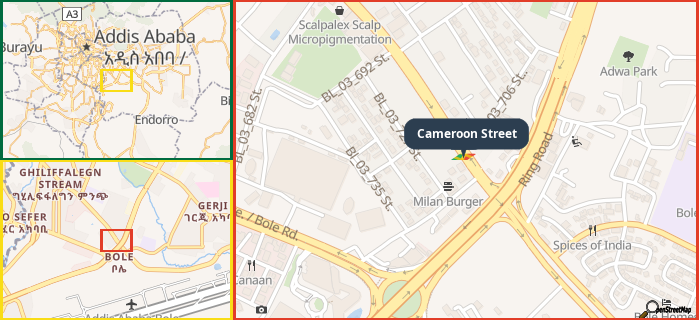 Map showing the address of Cameroon Street in three different zoom levels.