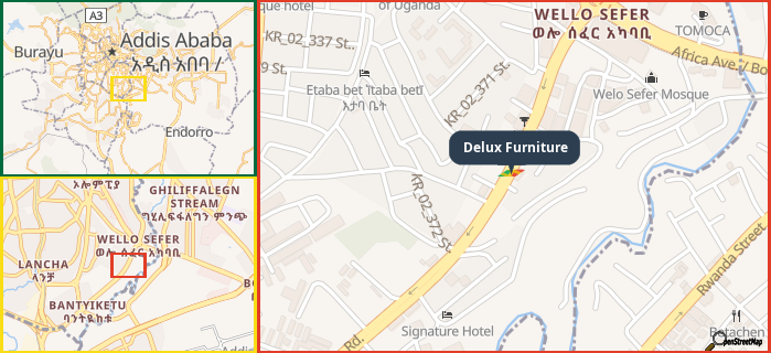 Map showing the address of Delux Furniture in three different zoom levels.