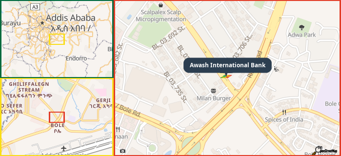 Map showing the address of Awash International Bank in three different zoom levels.