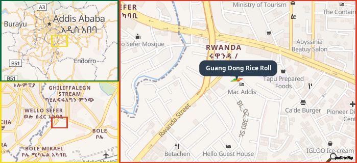 Map showing the address of Guang Dong Rice Roll in three different zoom levels.
