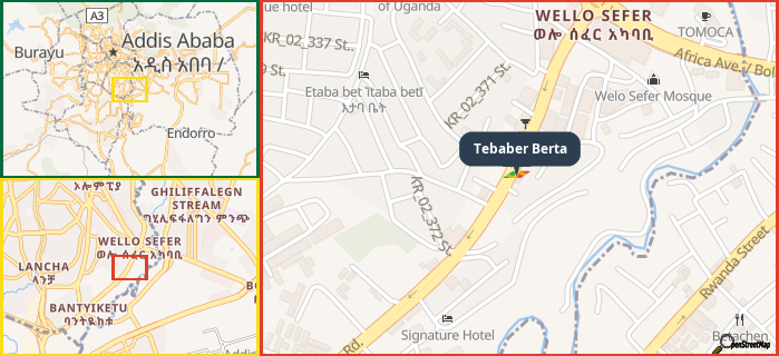 Map showing the address of Tebaber Berta in three different zoom levels.