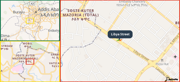 Map showing the address of Libya Street in three different zoom levels.