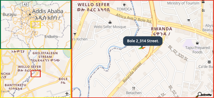 Map showing the address of Bole 2_314 Street. in three different zoom levels.