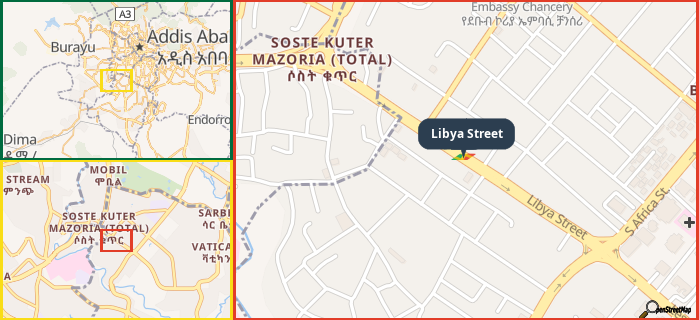 Map showing the address of Libya Street in three different zoom levels.