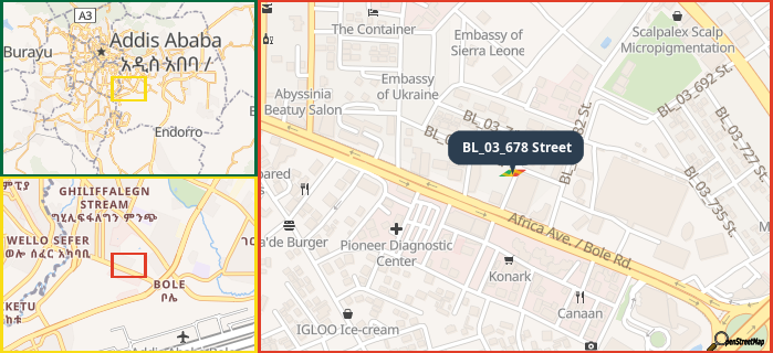 Map showing the address of BL_03_678 Street in three different zoom levels.