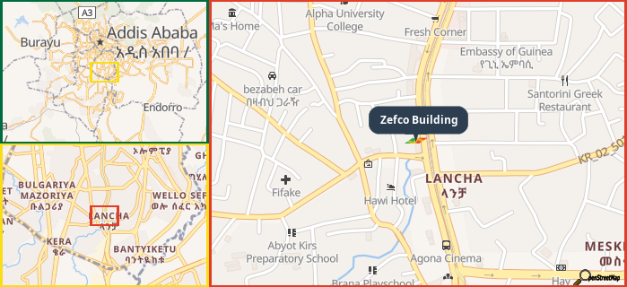 Map showing the address of Zefco Building in three different zoom levels.