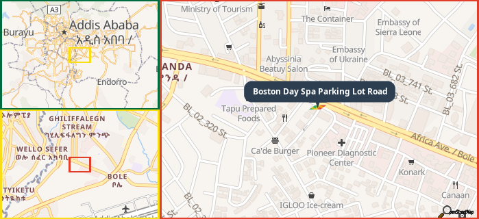 Map showing the address of Boston Day Spa Parking Lot Road in three different zoom levels.