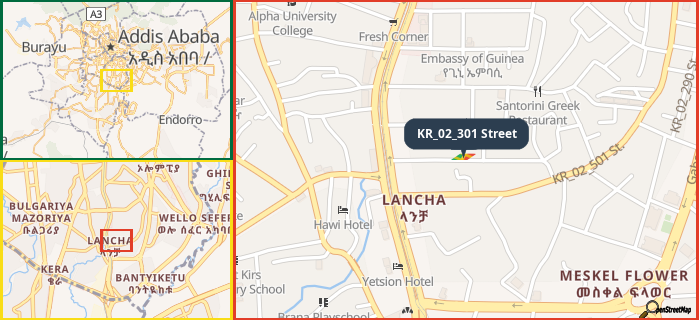 Map showing the address of KR_02_301 Street in three different zoom levels.