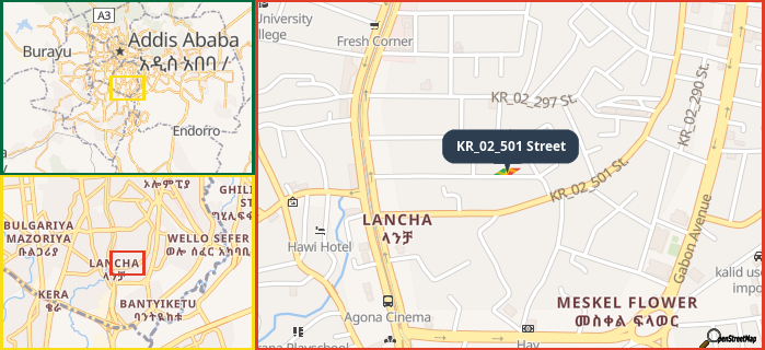 Map showing the address of KR_02_501 Street in three different zoom levels.