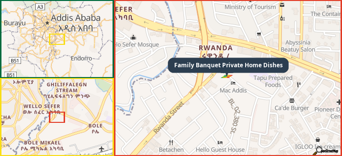Map showing the address of Family Banquet Private Home Dishes in three different zoom levels.