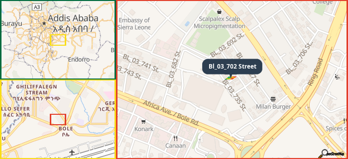 Map showing the address of Bl_03_702 Street in three different zoom levels.