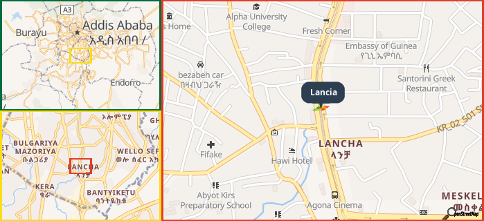 Map showing the address of Lancia in three different zoom levels.