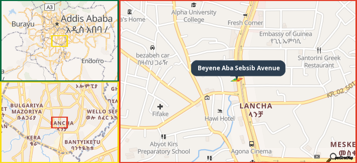 Map showing the address of Beyene Aba Sebsib Avenue in three different zoom levels.