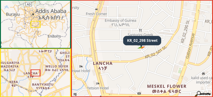 Map showing the address of KR_02_298 Street in three different zoom levels.