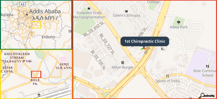 Map showing the address of 1st Chiropractic Clinic in three different zoom levels.