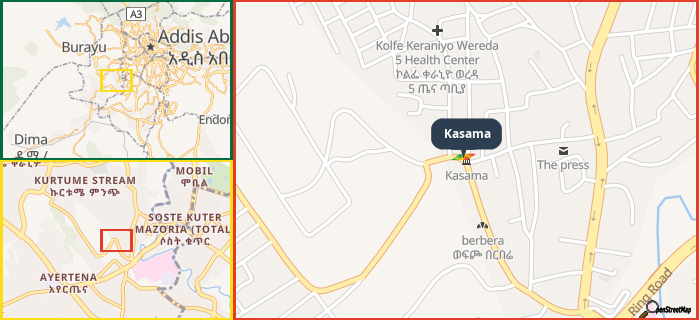 Map showing the address of Kasama in three different zoom levels.