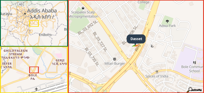 Map showing the address of Dasset in three different zoom levels.