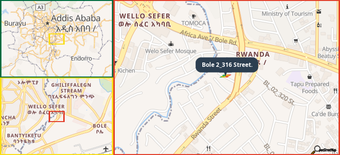 Map showing the address of Bole 2_316 Street. in three different zoom levels.