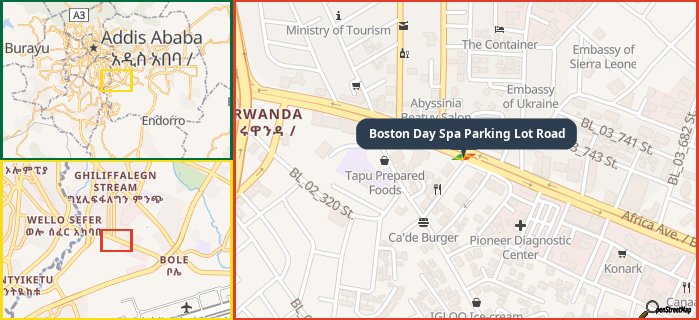 Map showing the address of Boston Day Spa Parking Lot Road in three different zoom levels.