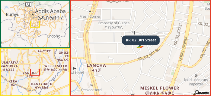 Map showing the address of KR_02_301 Street in three different zoom levels.