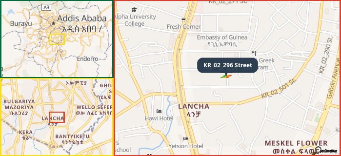 Map showing the address of KR_02_296 Street in three different zoom levels.