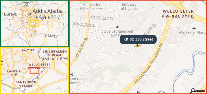 Map showing the address of KR_02_336 Street in three different zoom levels.