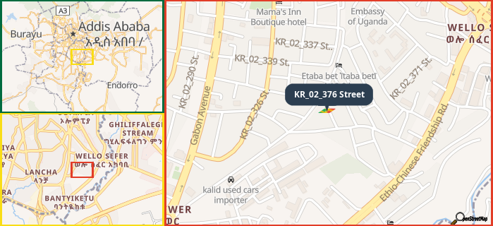 Map showing the address of KR_02_376 Street in three different zoom levels.