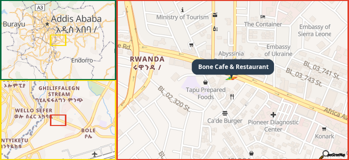 Map showing the address of Bone Cafe & Restaurant in three different zoom levels.