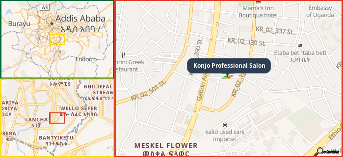 Map showing the address of Konjo Professional Salon in three different zoom levels.