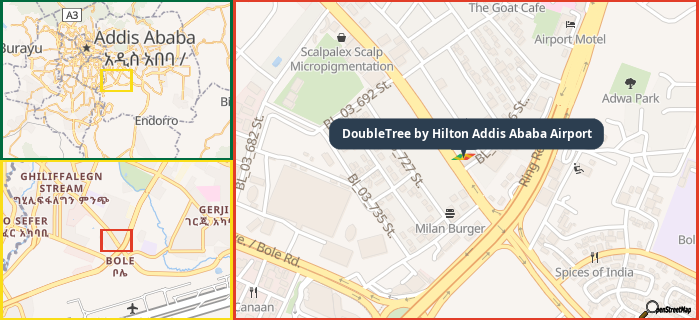 Map showing the address of DoubleTree by Hilton Addis Ababa Airport in three different zoom levels.