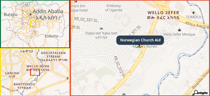 Map showing the address of Norwegian Church Aid in three different zoom levels.