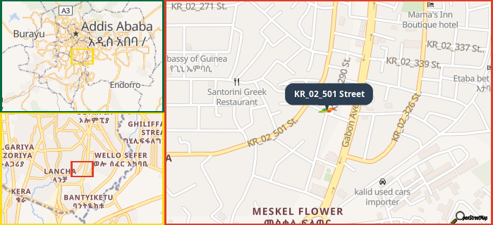 Map showing the address of KR_02_501 Street in three different zoom levels.