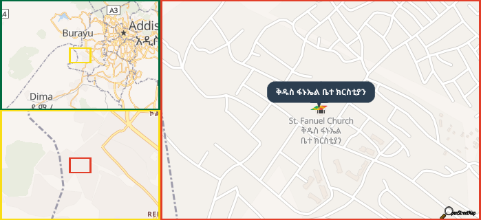 Map showing the address of ቅዱስ ፋኑኤል ቤተ ክርስቲያን in three different zoom levels.
