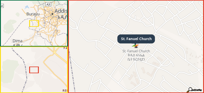 Map showing the address of St. Fanuel Church in three different zoom levels.