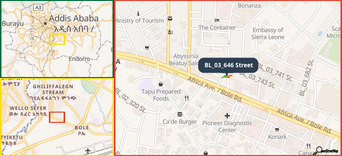 Map showing the address of BL_03_646 Street in three different zoom levels.