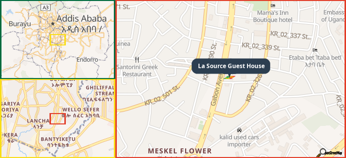 Map showing the address of La Source Guest House in three different zoom levels.