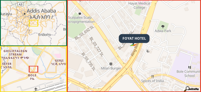 Map showing the address of FOYAT HOTEL in three different zoom levels.