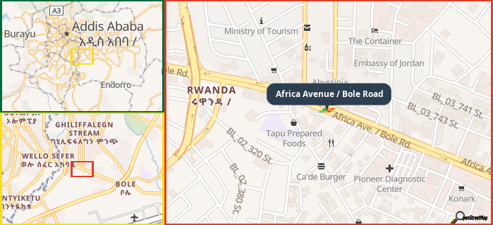 Map showing the address of Africa Avenue / Bole Road in three different zoom levels.