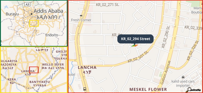 Map showing the address of KR_02_294 Street in three different zoom levels.