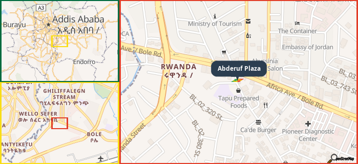 Map showing the address of Abderuf Plaza in three different zoom levels.