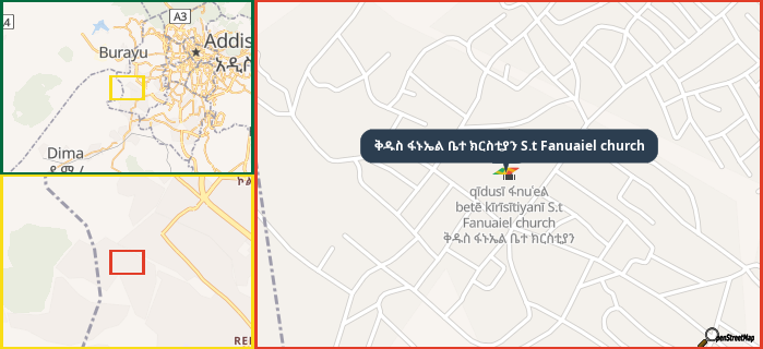 Map showing the address of ቅዱስ ፋኑኤል ቤተ ክርስቲያን S.t Fanuaiel church in three different zoom levels.