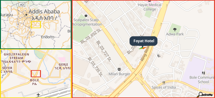 Map showing the address of Foyat Hotel in three different zoom levels.