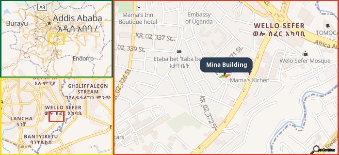 Map showing the address of Mina Building in three different zoom levels.