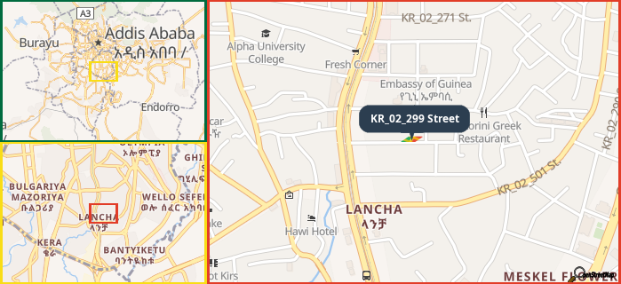 Map showing the address of KR_02_299 Street in three different zoom levels.